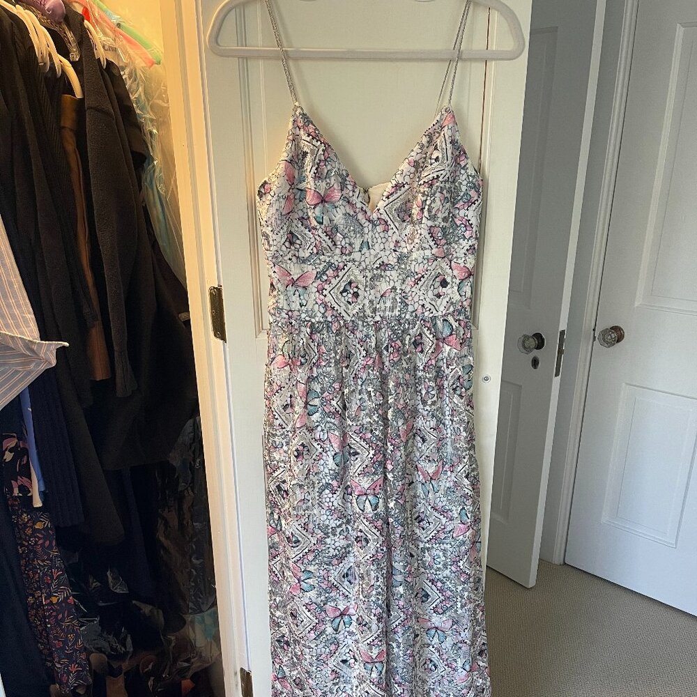 Nicole Miller, Floral Textured Maxi Dress with Silver Straps and Accents, Size 6